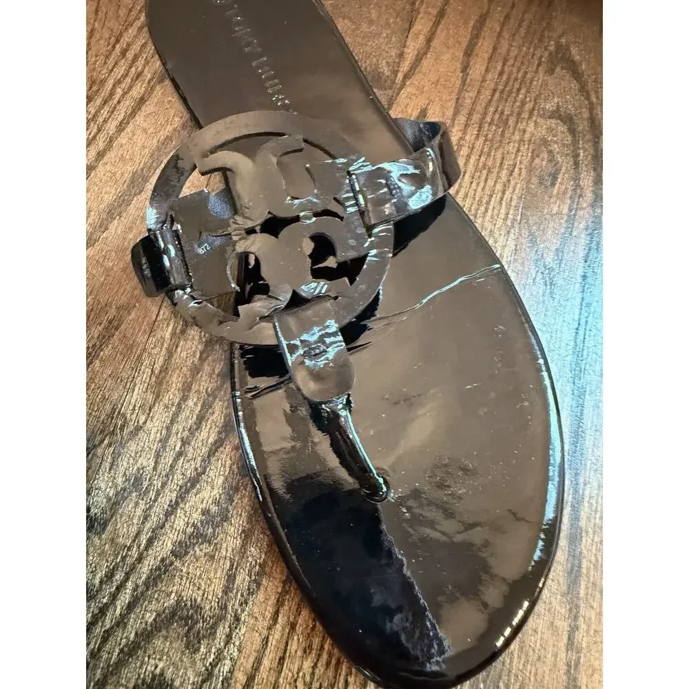 Tory Burch Miller Thong Sandal Women's Sz 9.5 Black patent Leather